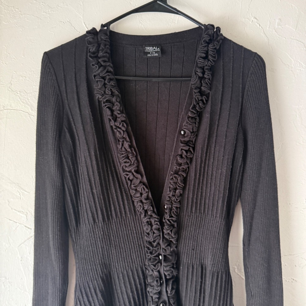 Tribal S Y2k‎ Black Ruffle Trim Long Sleeve Cardigan Ribbed Knit Fitted Sweater